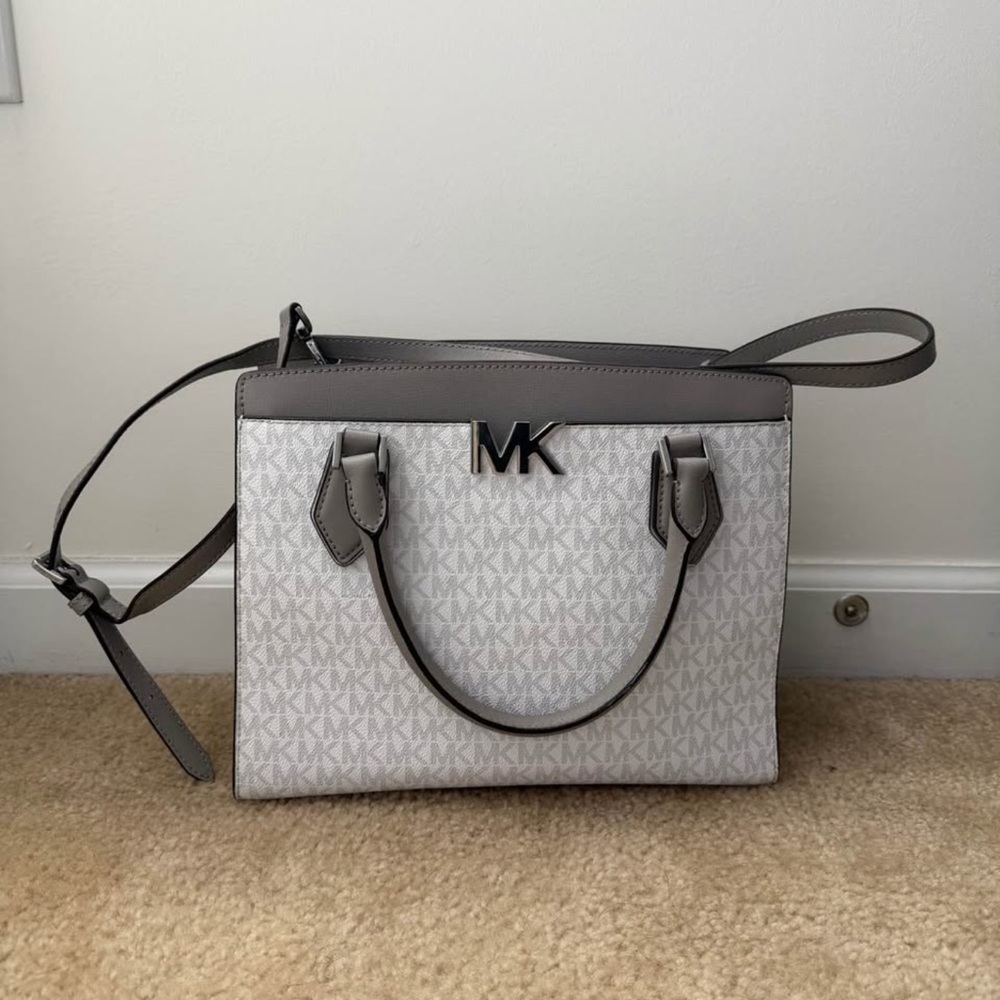 Michael Kors Light Gray MK Logo Satchel with Dark Gray Trim